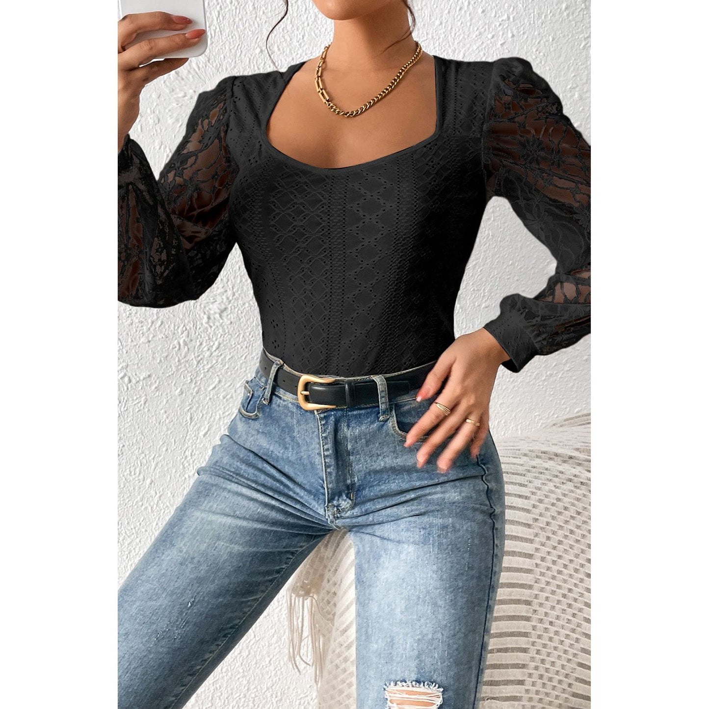 Eyelet Lace Long Sleeve Bodysuit