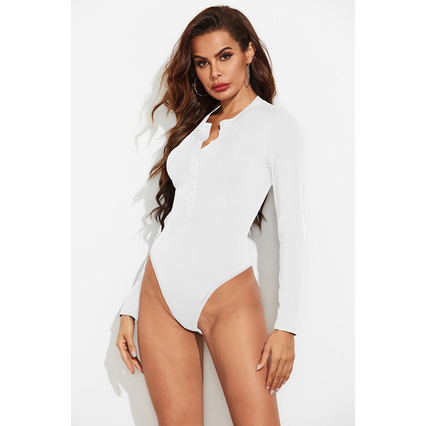 Half Button Round Neck Long Sleeve Bodysuit