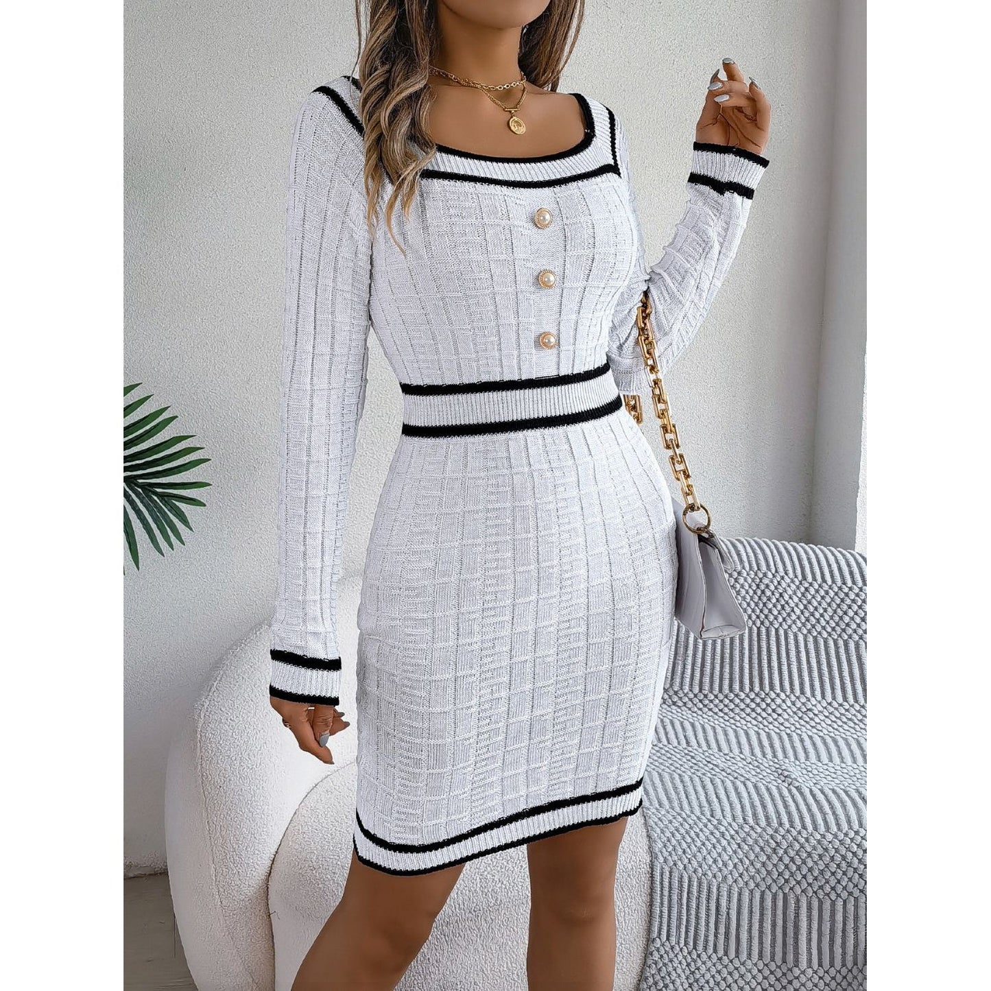 Contrast Trim Long Sleeve Sweater Dress