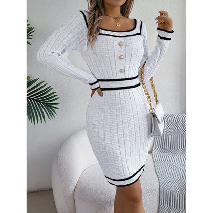 Contrast Trim Long Sleeve Sweater Dress