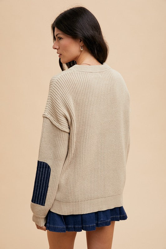 Contrast Round Neck with Patch Pocket Sweater